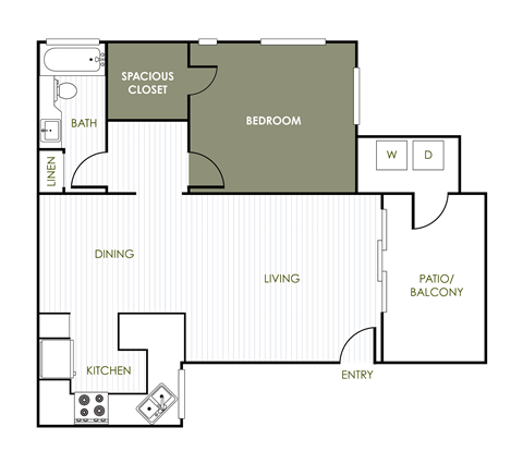 Floor plan for 1 bed, 1 bath, 743 sqft